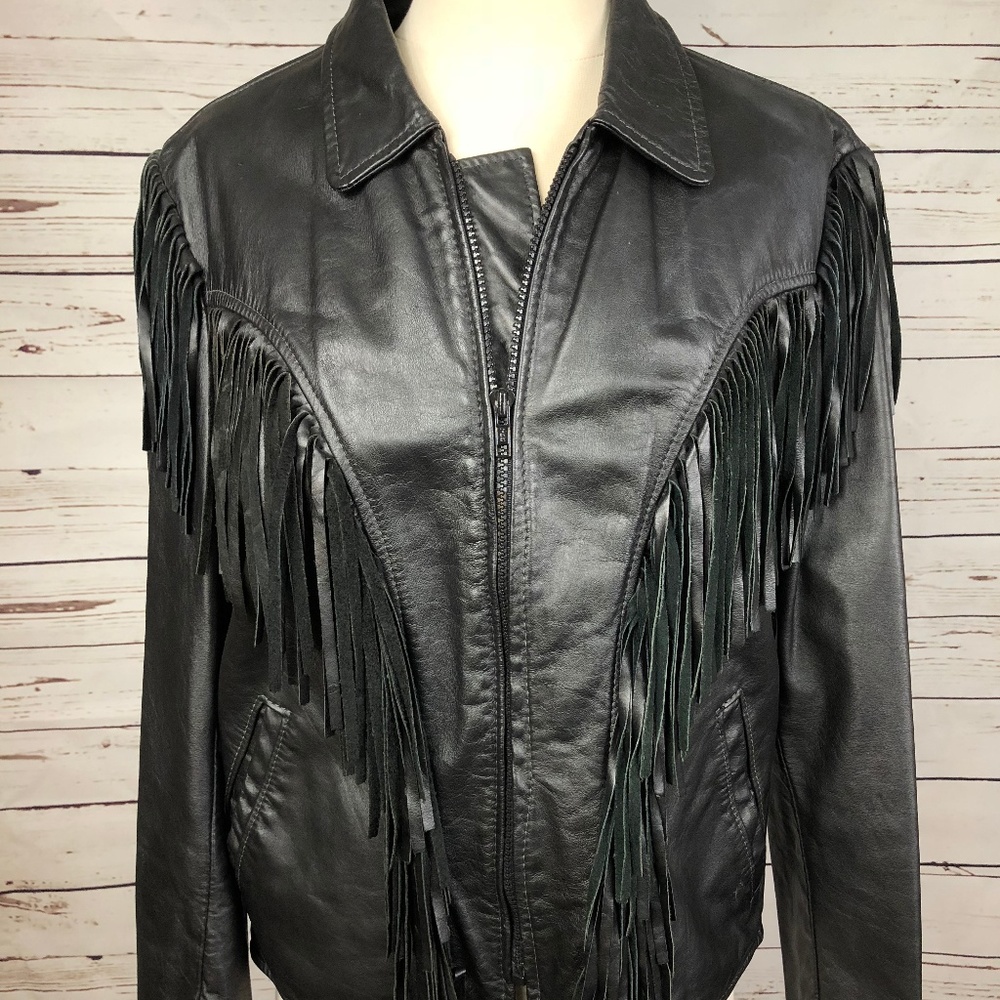 CLUB ELITE BY BROOKS Black LEATHER FRINGE Jacket